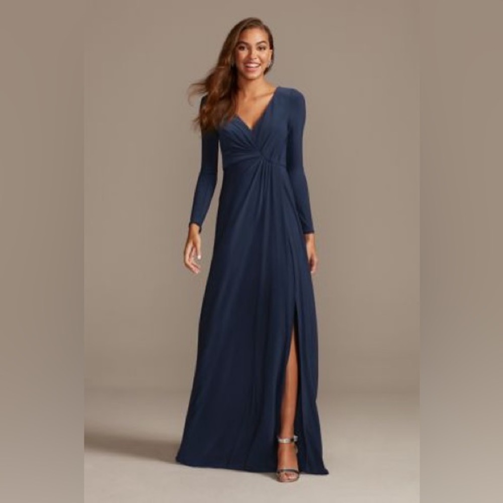 David’s Bridal Long Sleeve Jersey V-Neck Dress with Slit